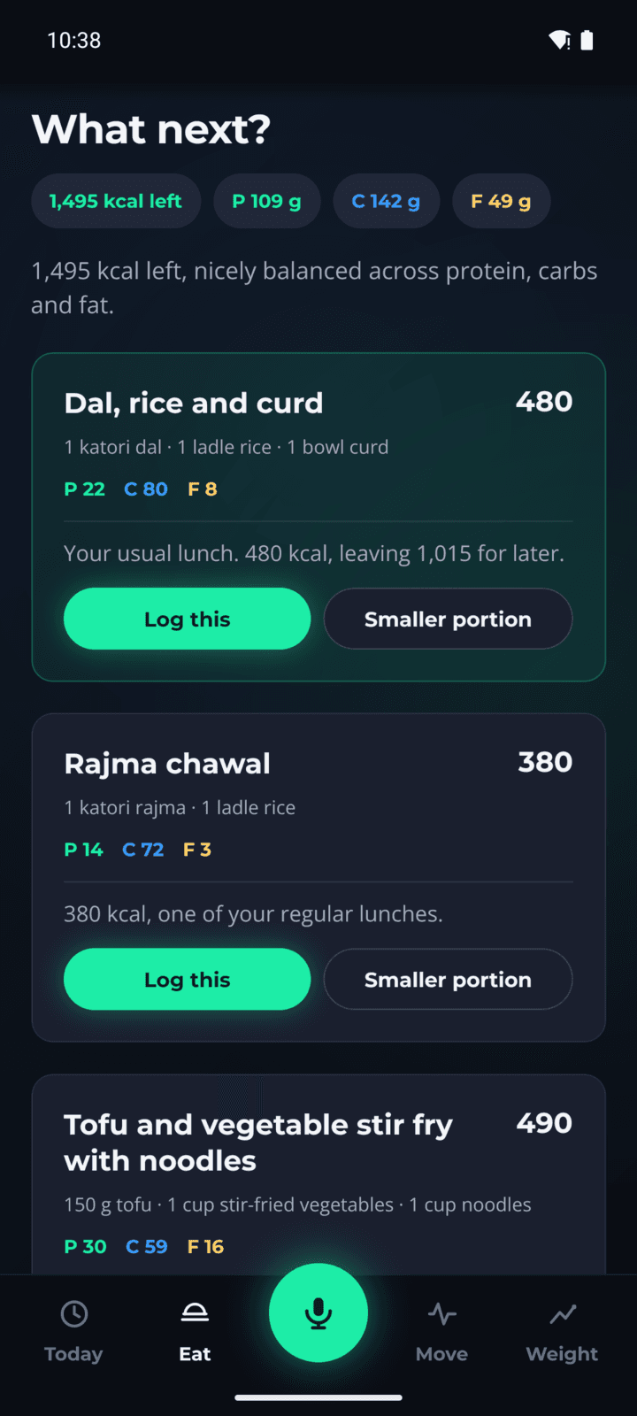 Eat next: meal suggestions that fit the calories and macros left today