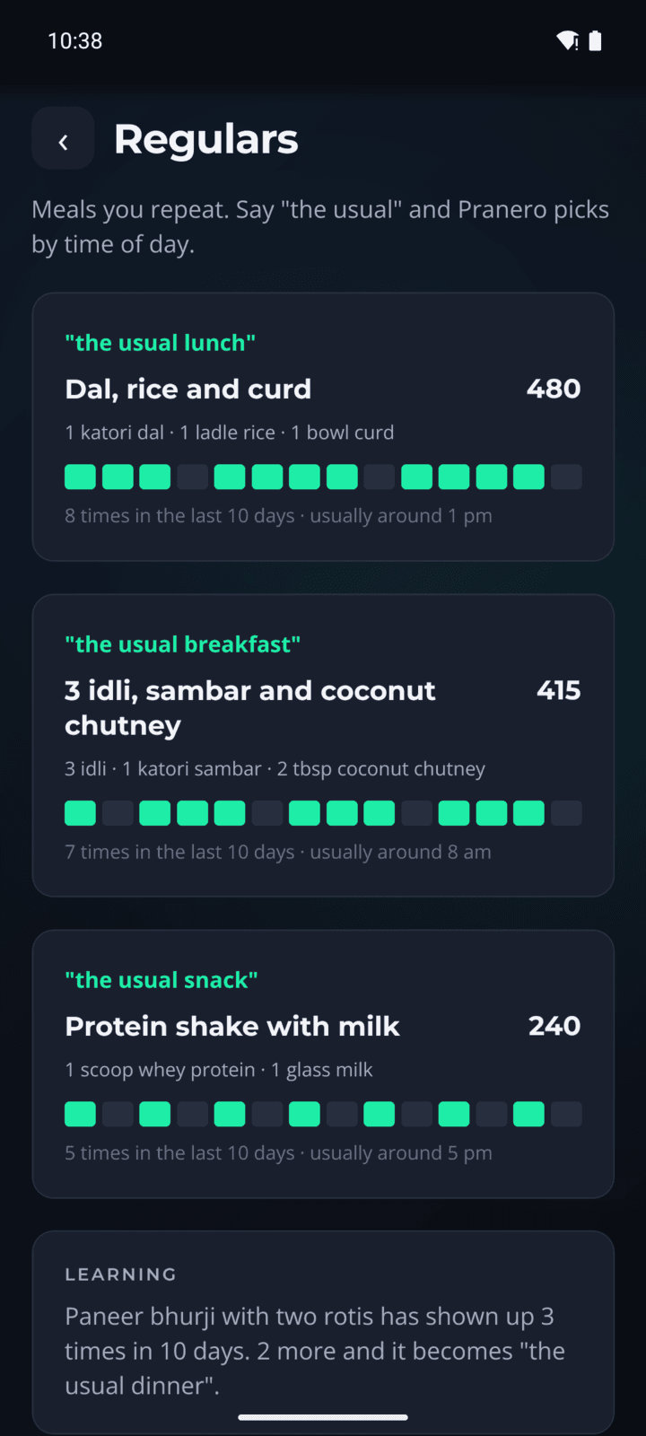 Regulars: meals you repeat, like the usual breakfast